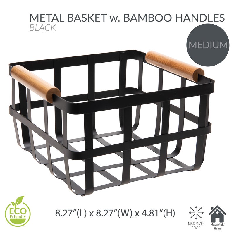 Simplify Square Metal Storage Basket with Bamboo Handles | Medium | Farmhouse Style Wire Basket | Home Organizer | Decorative | Rustic | Black - Image 2